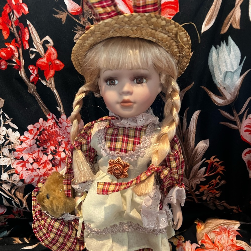 Vintage Porcelain Bisque Doll 14 inches with teddy bear and stand